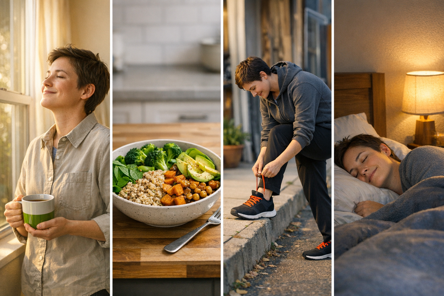 Photorealistic, human-centered four-panel panorama showing one gender-neutral adult (inclusive, relatable) moving through a day that quietly sets up d