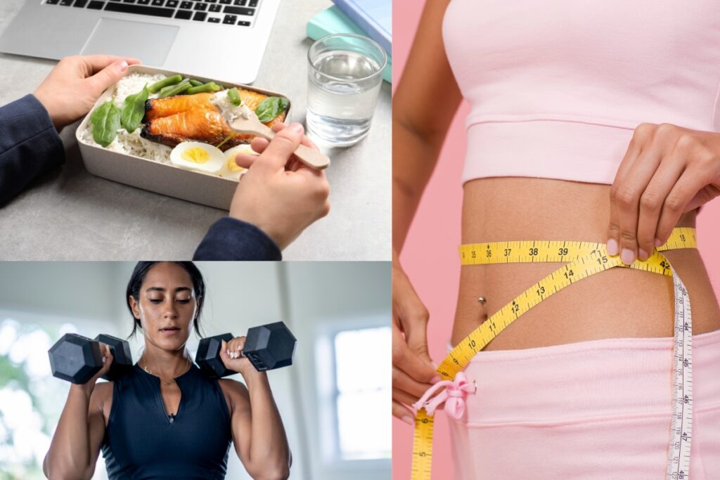 collage of foods high in protein, woman working out and losing weight. 
